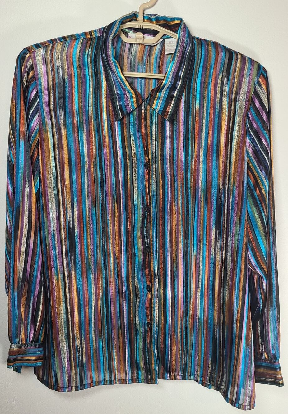 TANJAY Button Up Shirt 20 Plus Jewel Tone Shimmer Print Long Sl Artsy Semi Sheer
